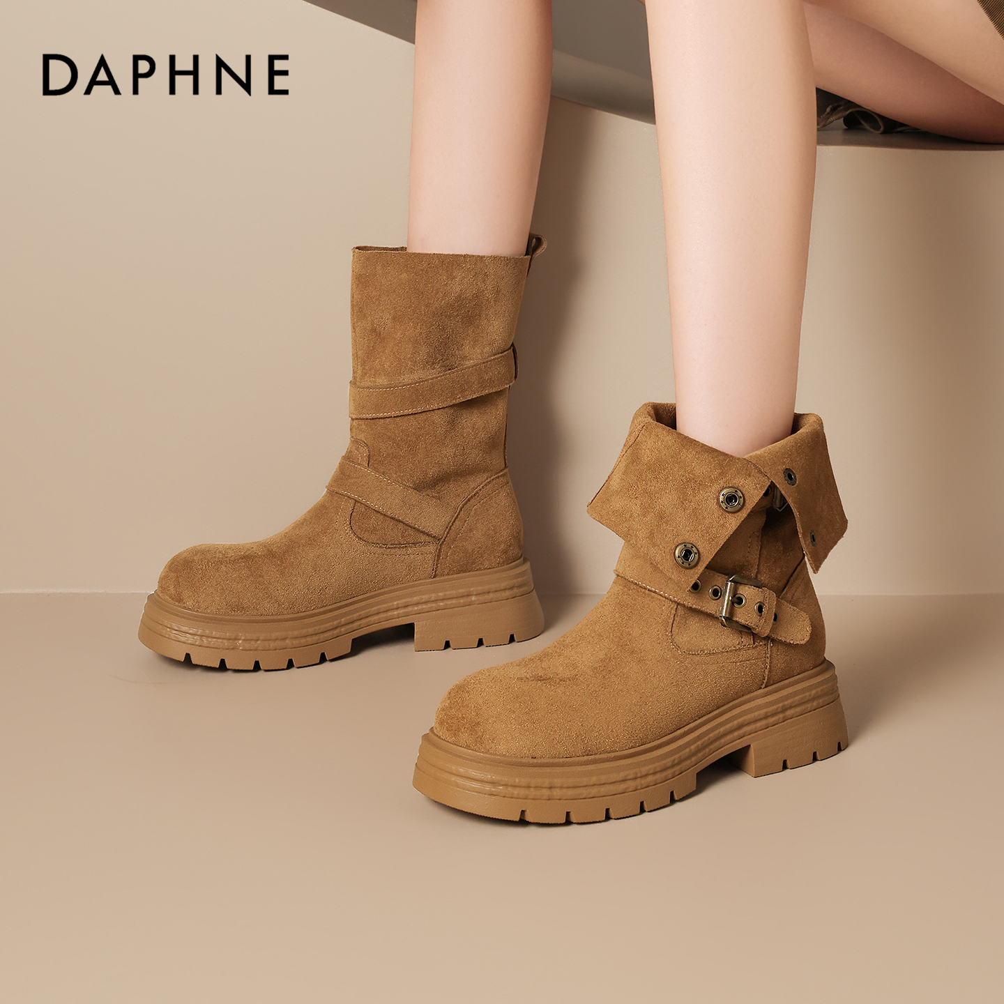 Daphne/达芙妮两穿厚底马丁靴女2025年爆款棕色小短靴百搭西部靴