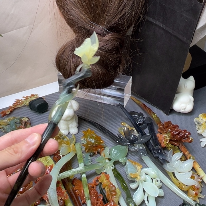 小***~蛇纹石玉合金发饰