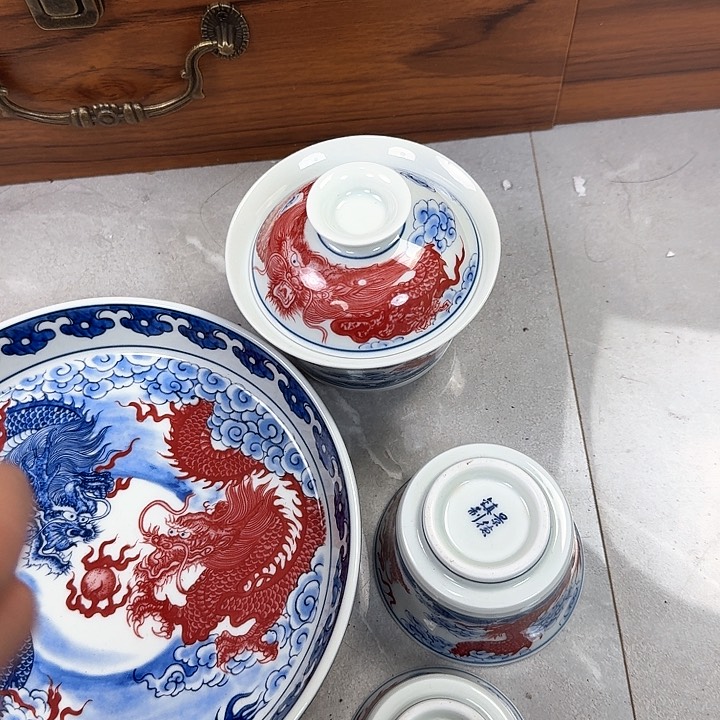 瓷片双龙戏珠5件套景德镇