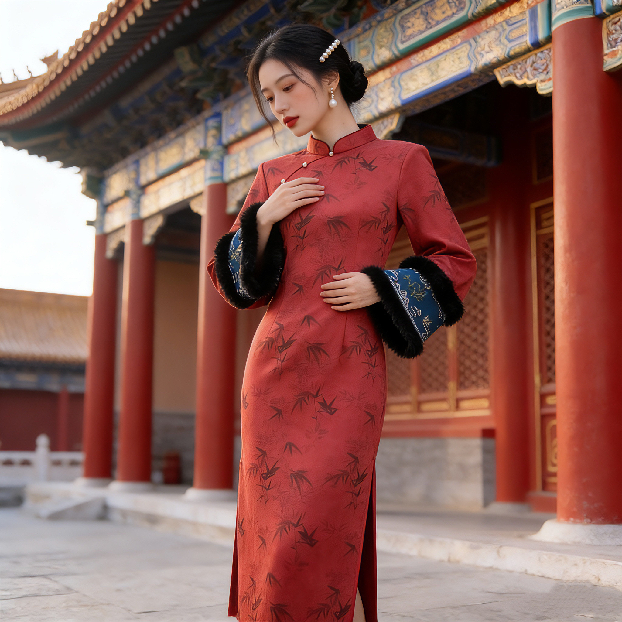V-3331 红竹 冰雪绒 加绒 冬新中式年轻款改良旗袍120cm长款