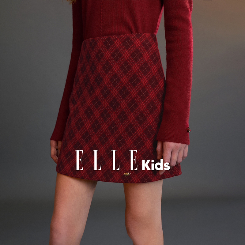 ELLE KIDS 童装菱形格纹呢料半裙女童冬季新款复古撞色百搭裙子N5