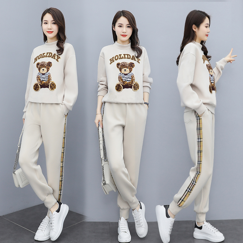 芷墨秋装新款时尚格子拼接撞色卫衣小脚裤两件套装休闲两件套