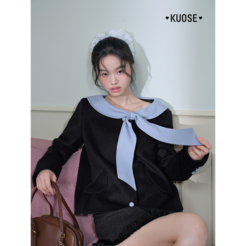 阔色小香风西装毛呢外套短款女2025秋冬新蝴蝶结呢子KSE2508002