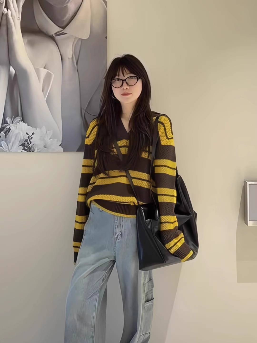 复古撞色条纹v领套头针织衫女秋季宽松百搭软糯毛衣休闲慵懒上衣