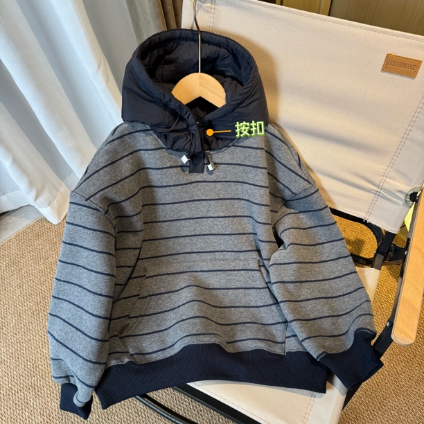 【加绒】男童冬款加绒加厚灰色条纹卫衣洋气加厚帽衫深灰色打底