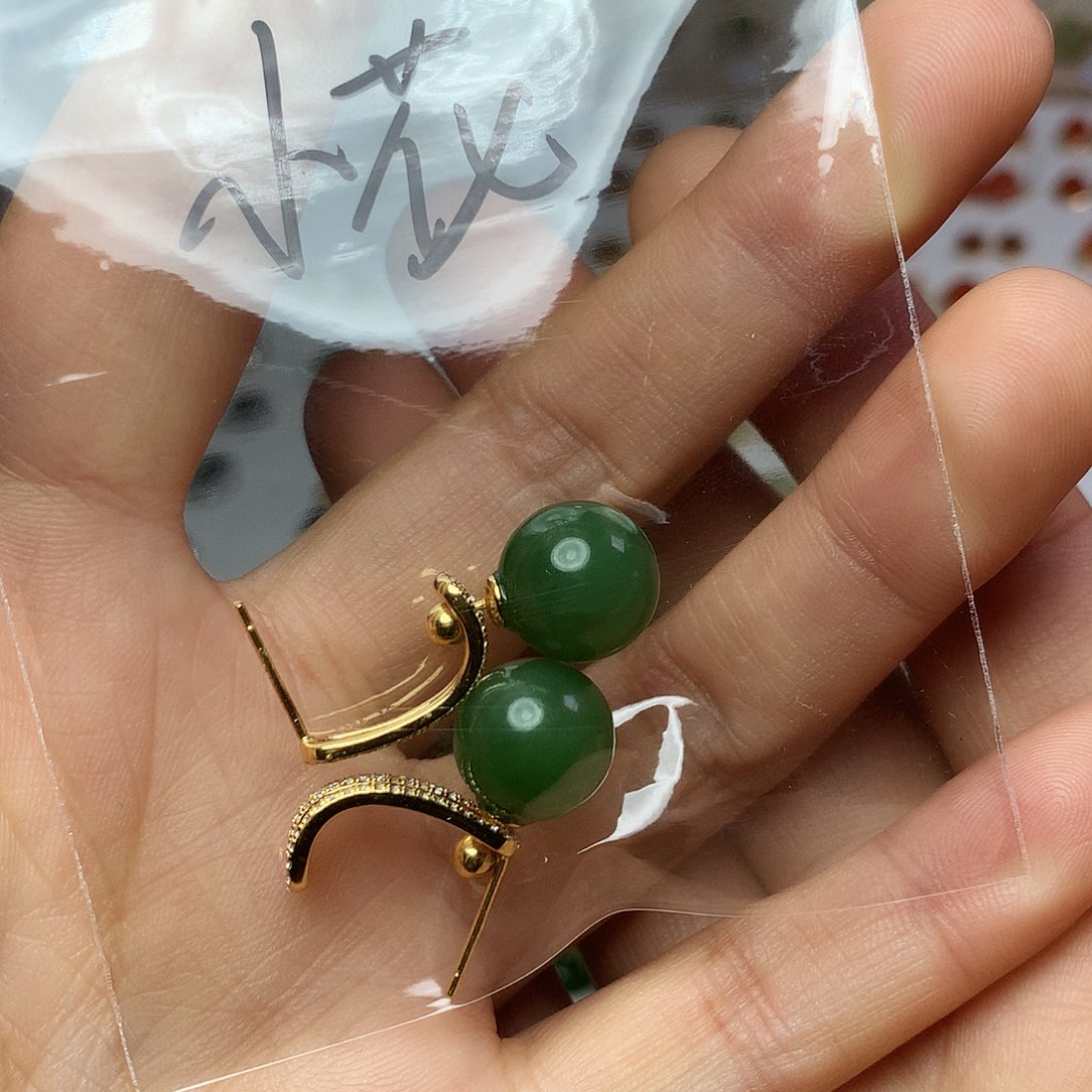 银S925镀金镶嵌和田玉（碧玉）耳饰小*