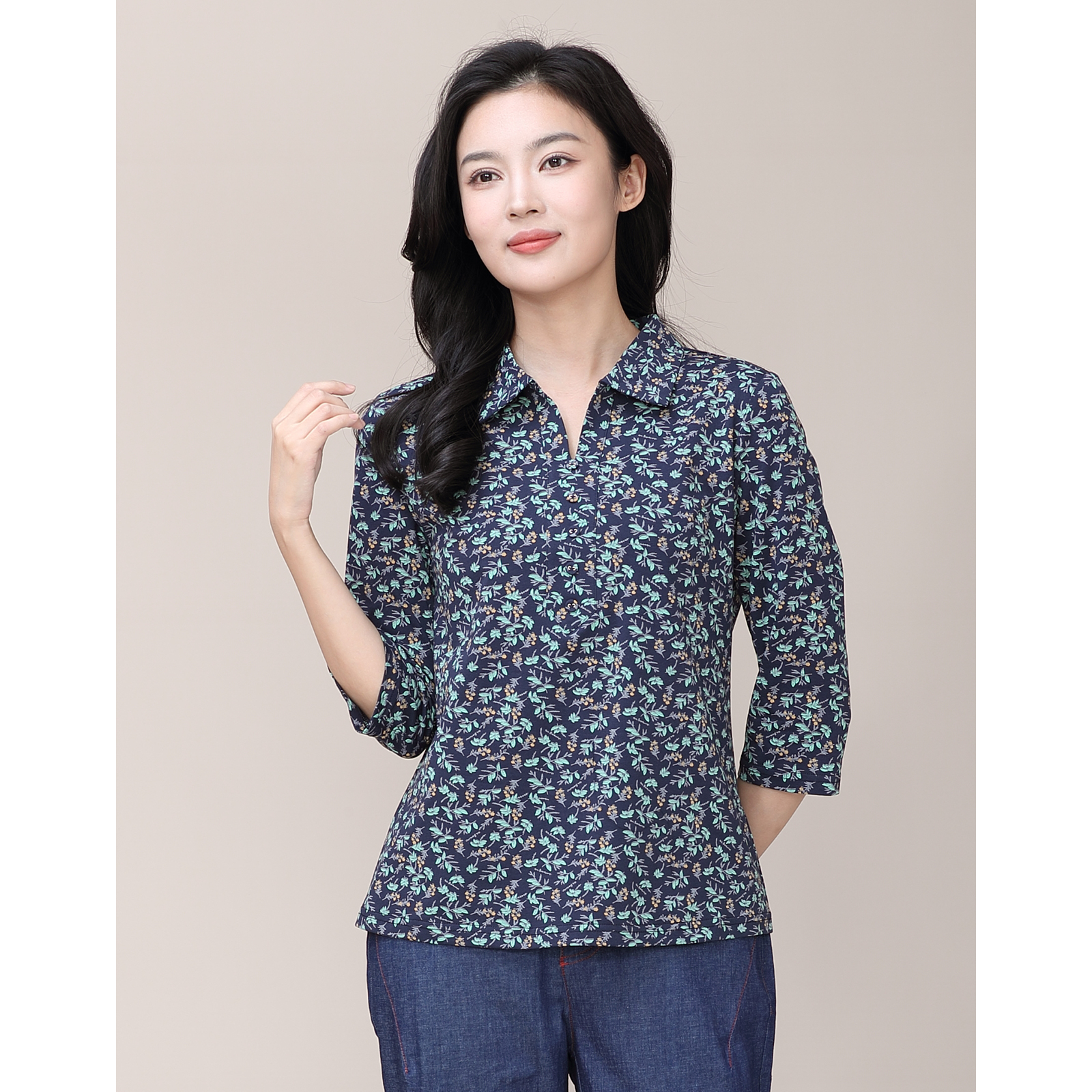 品牌时尚妈妈装春夏棉小碎花衬衫七分袖中老年女装棉衬衣宽松