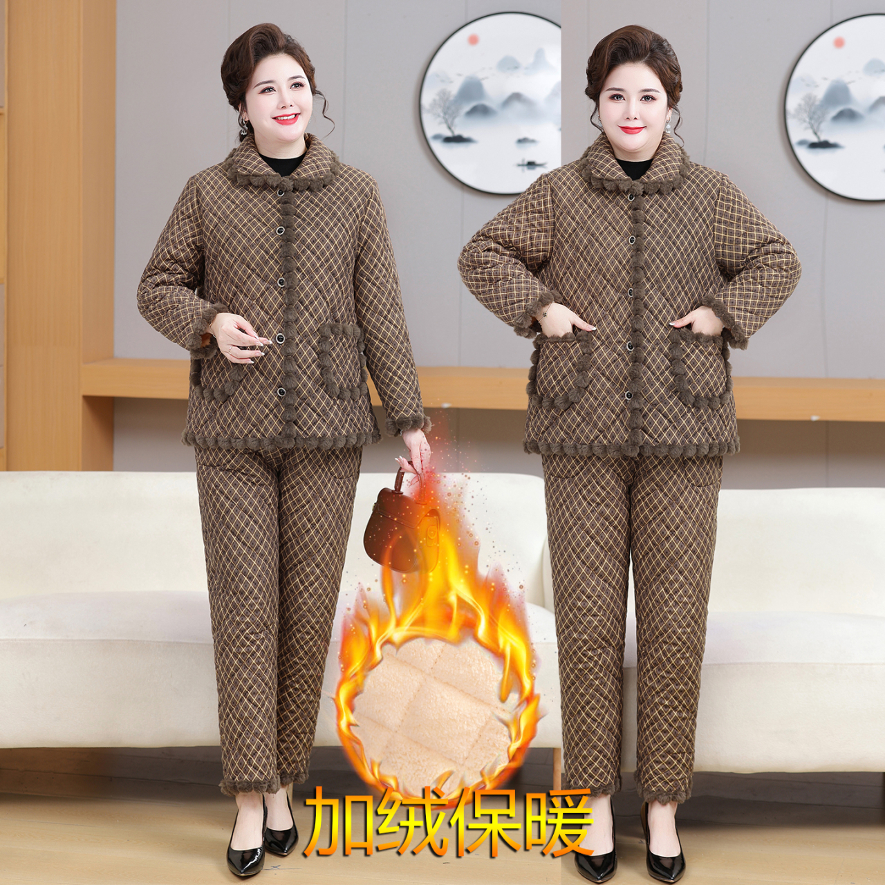 90斤-260斤特大码休闲加绒加厚中老年女装保暖冬季妈妈装套装