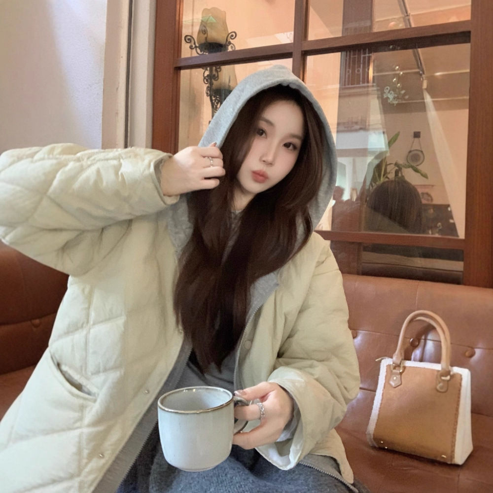 实拍2025冬季韩系设计感拼接假两件撞色保暖连帽棉衣棉服外套