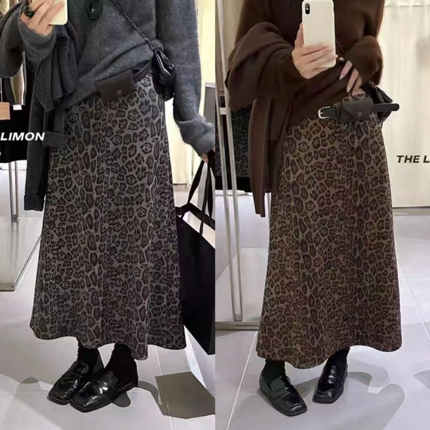 YN 腰64-100长87经典A字设计感松紧腰显瘦豹纹碎花半身裙 4696