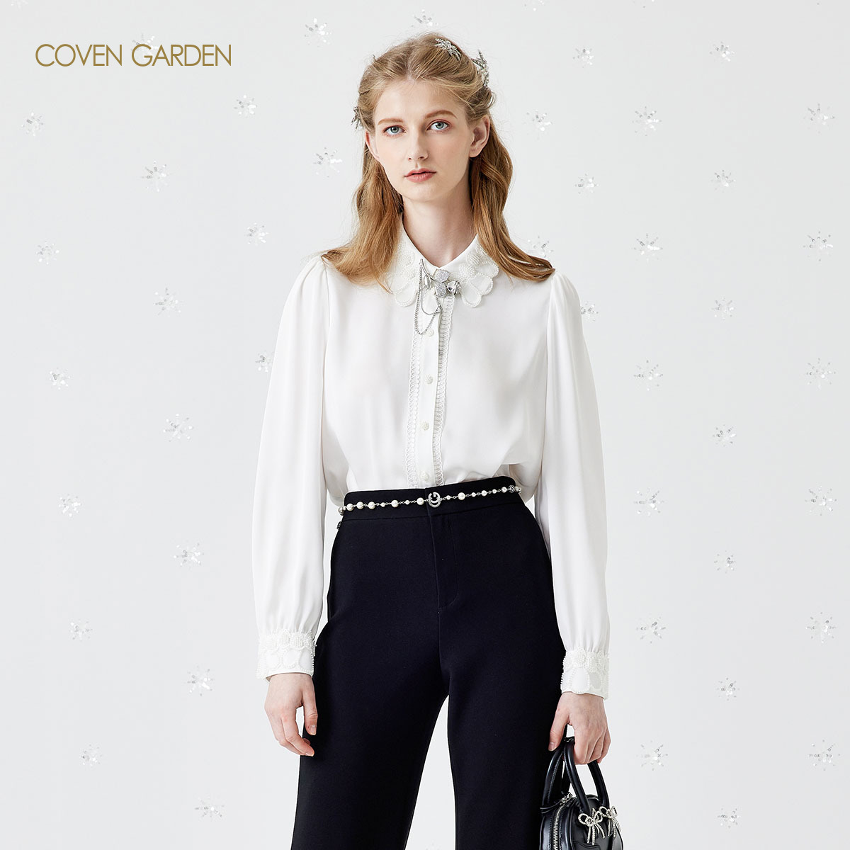 【哥文花园】白色缎面雪纺长袖衬衫CSA1012020