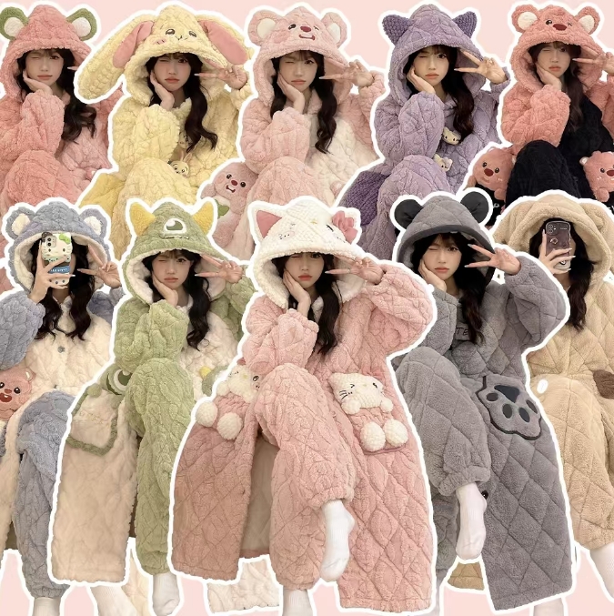 【3号链接】冬季加绒加厚保暖卡通少女三层夹棉睡衣家居套装可外穿