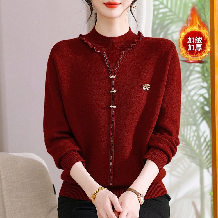 新款时尚洋气妈妈毛衣加绒加厚中老年女装打底衫