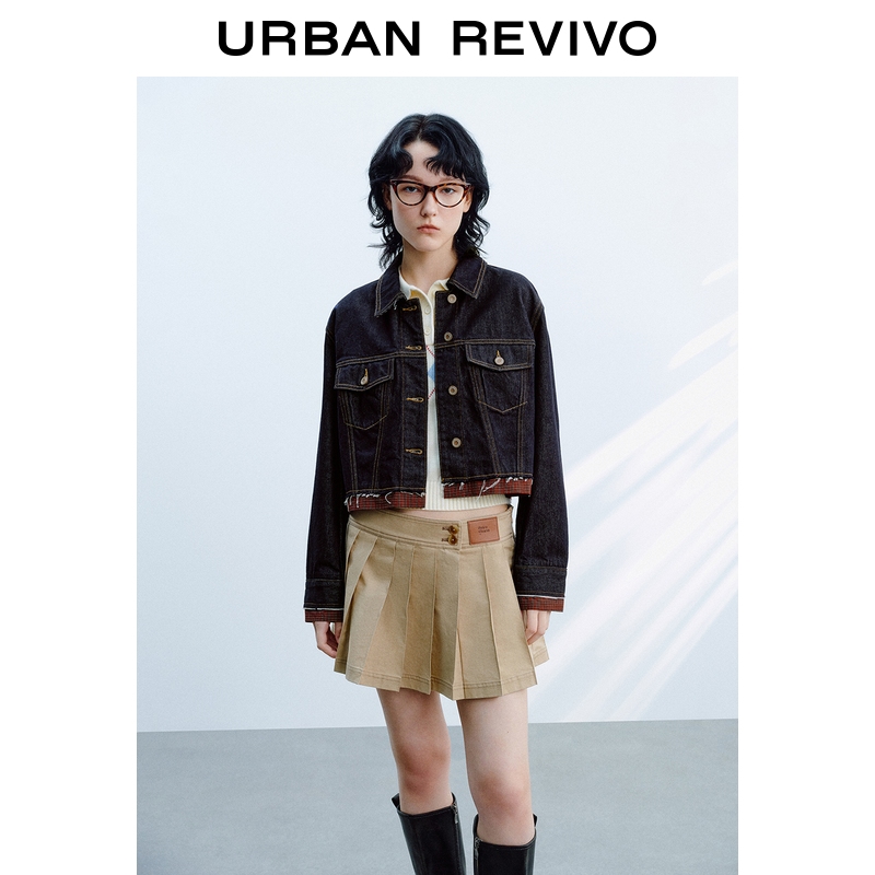 UR2025秋季新款女装休闲撞色格纹拼接毛边牛仔外套UYL850153