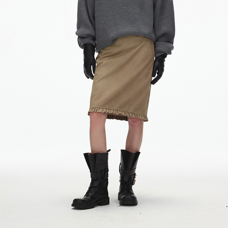 ECHOADE经典百搭 H直身版型下摆木耳边设计过膝牛皮半身裙