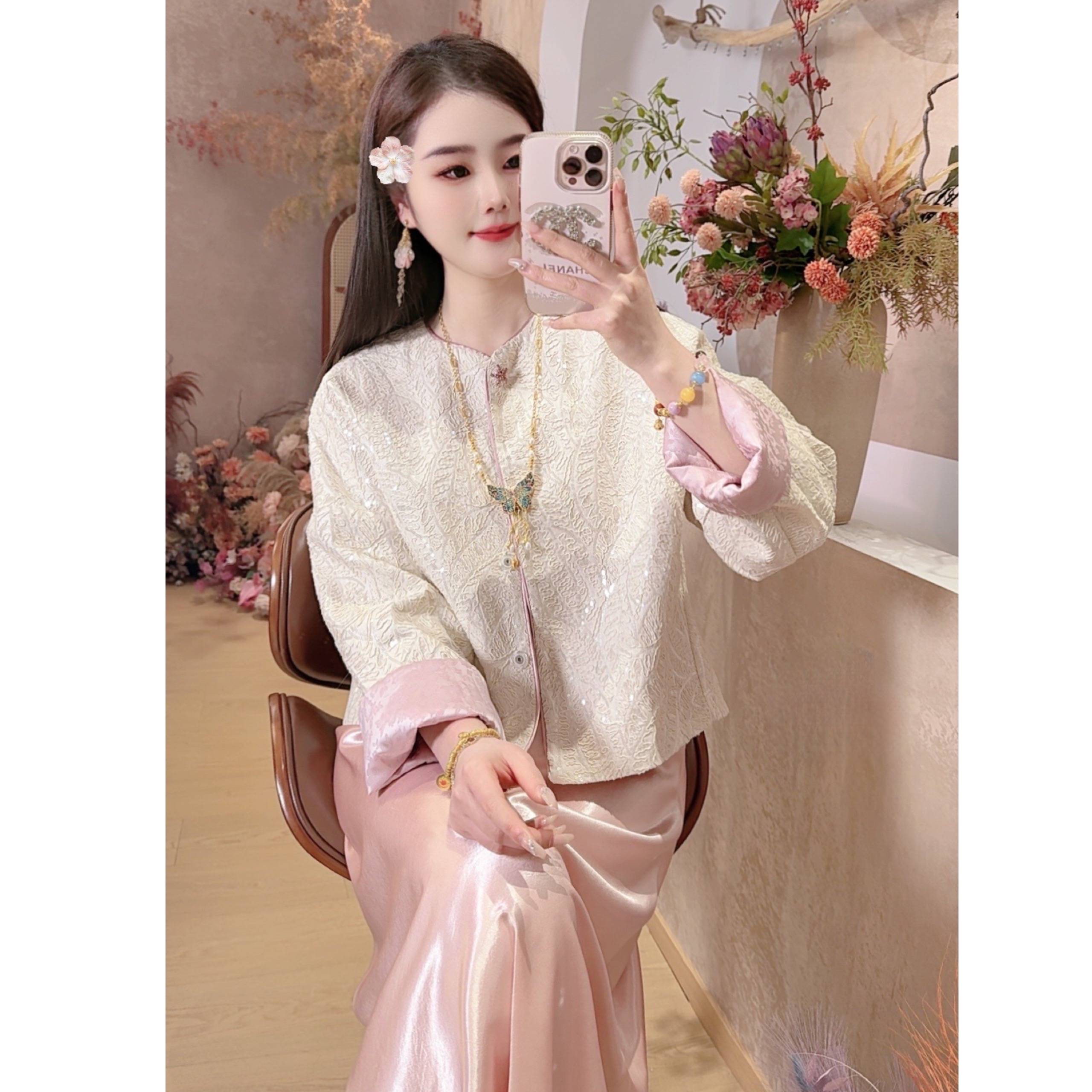 【紫萤】2025新款春季新中式上衣宽松国风亮片绣花圆领双面双穿外套