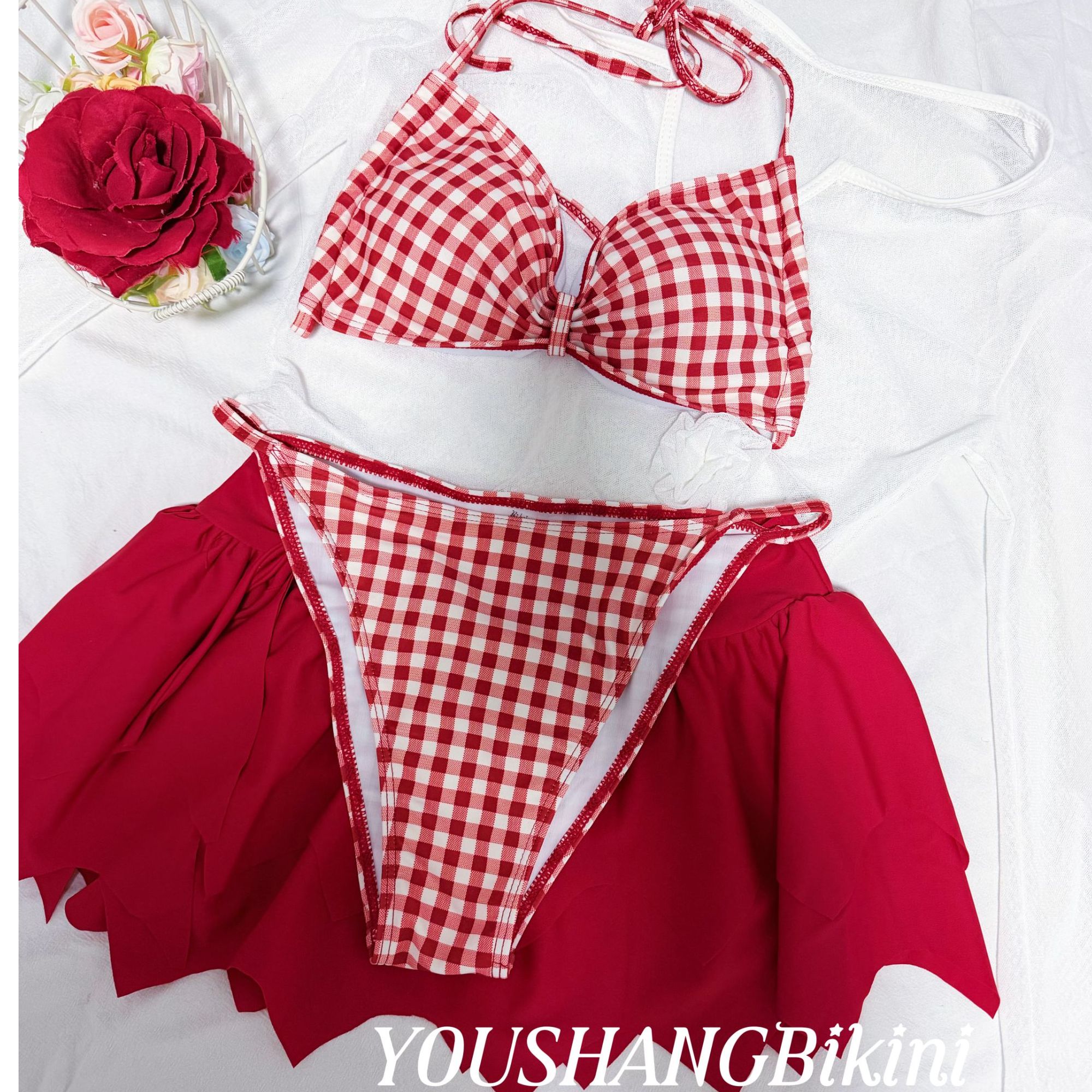 【圣诞战袍】比基尼女红色显白保守遮肉显瘦遮肚分体泳衣泡温泉度假