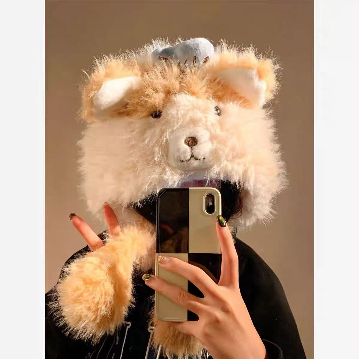 三花小狗帽春秋毛绒帽女雷锋帽帽子单肩日系保暖毛绒