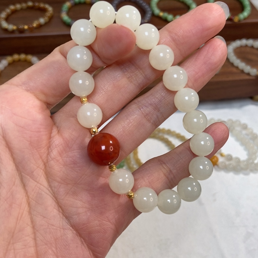 和田玉18K金镶嵌手链10mm白玉精品