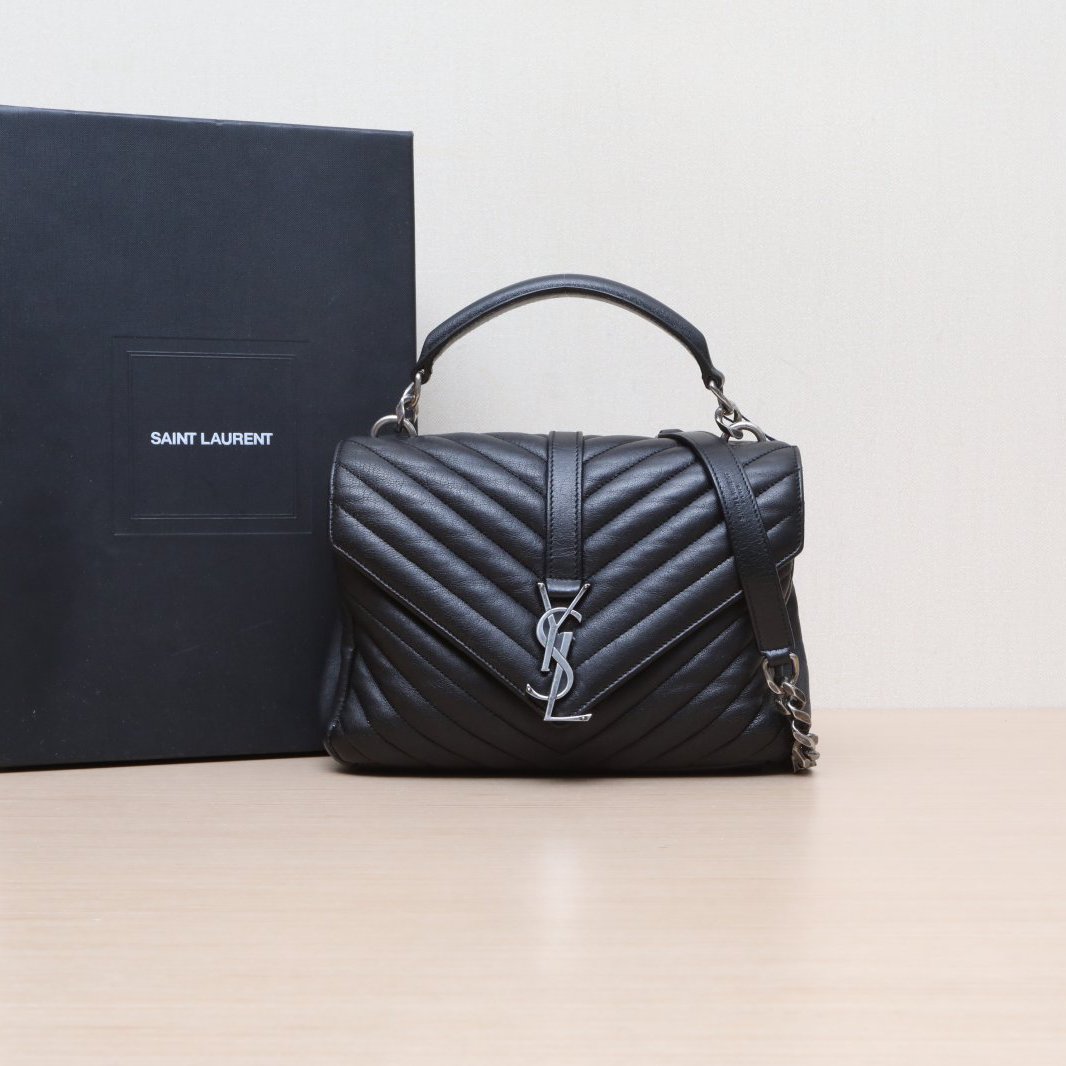 95新 YSL/圣罗兰 小花黑黑 邮差包 中号 24 黑色皮革C 