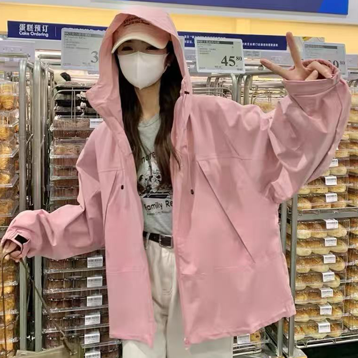 大码女装春装风衣外套胖妹妹中长款工装冲锋衣外套宽松连帽休闲