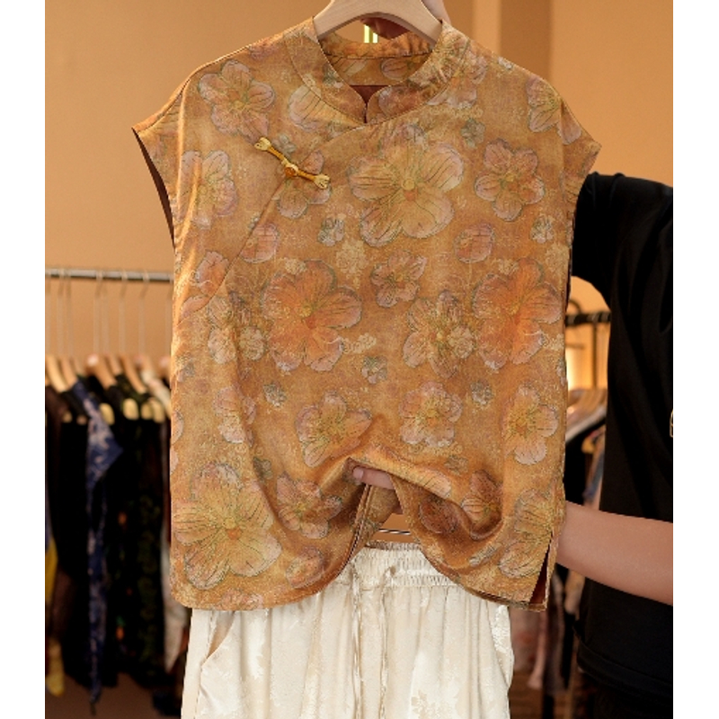 『云裳』新中式立领斜襟盘扣遮肉显瘦短袖T恤6688