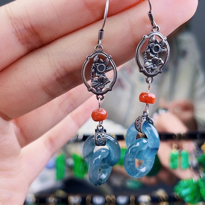 翡翠耳饰银S925镶嵌饰品