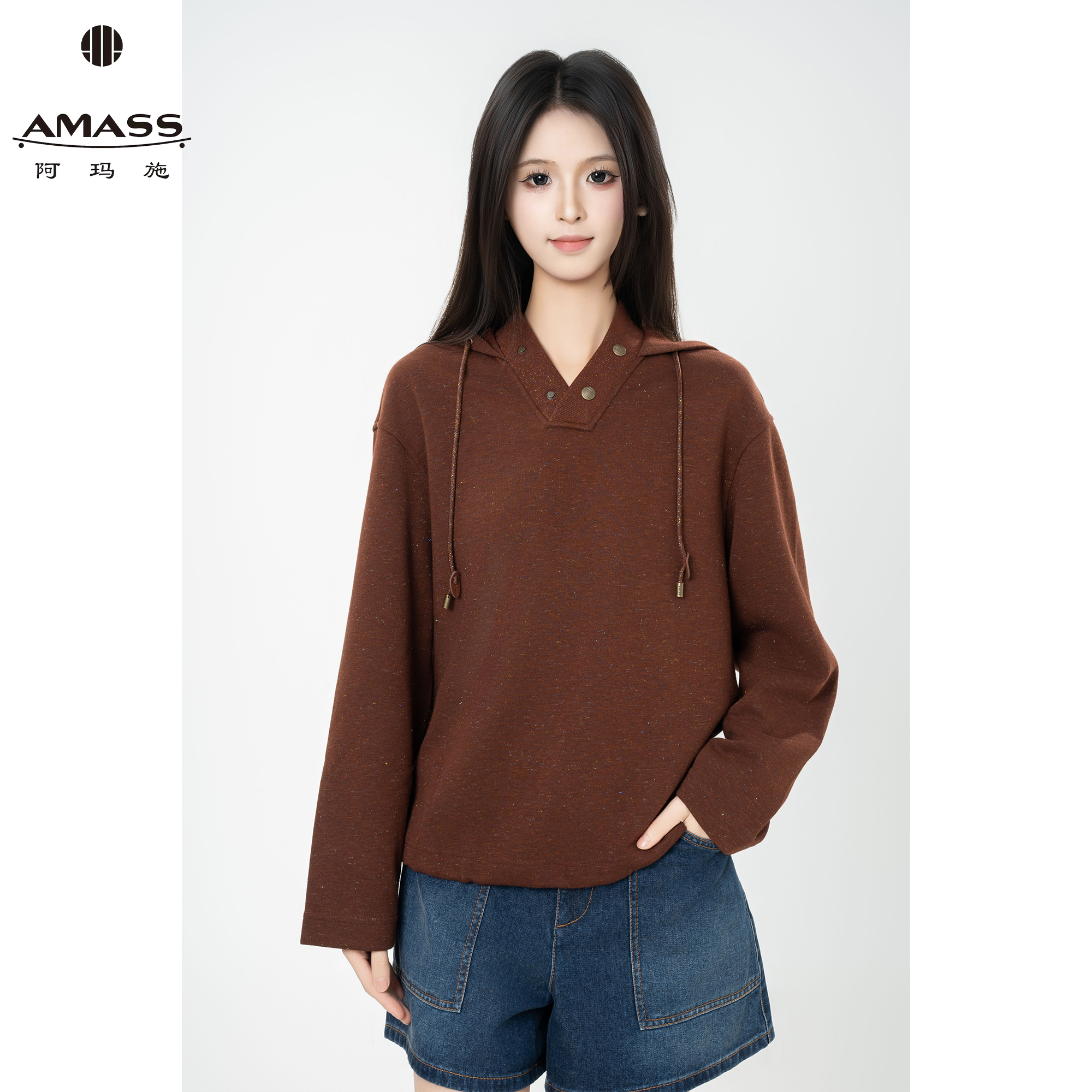 AMASS/阿玛施秋季新款百搭松弛感宽松老钱风舒适连帽卫衣女530131