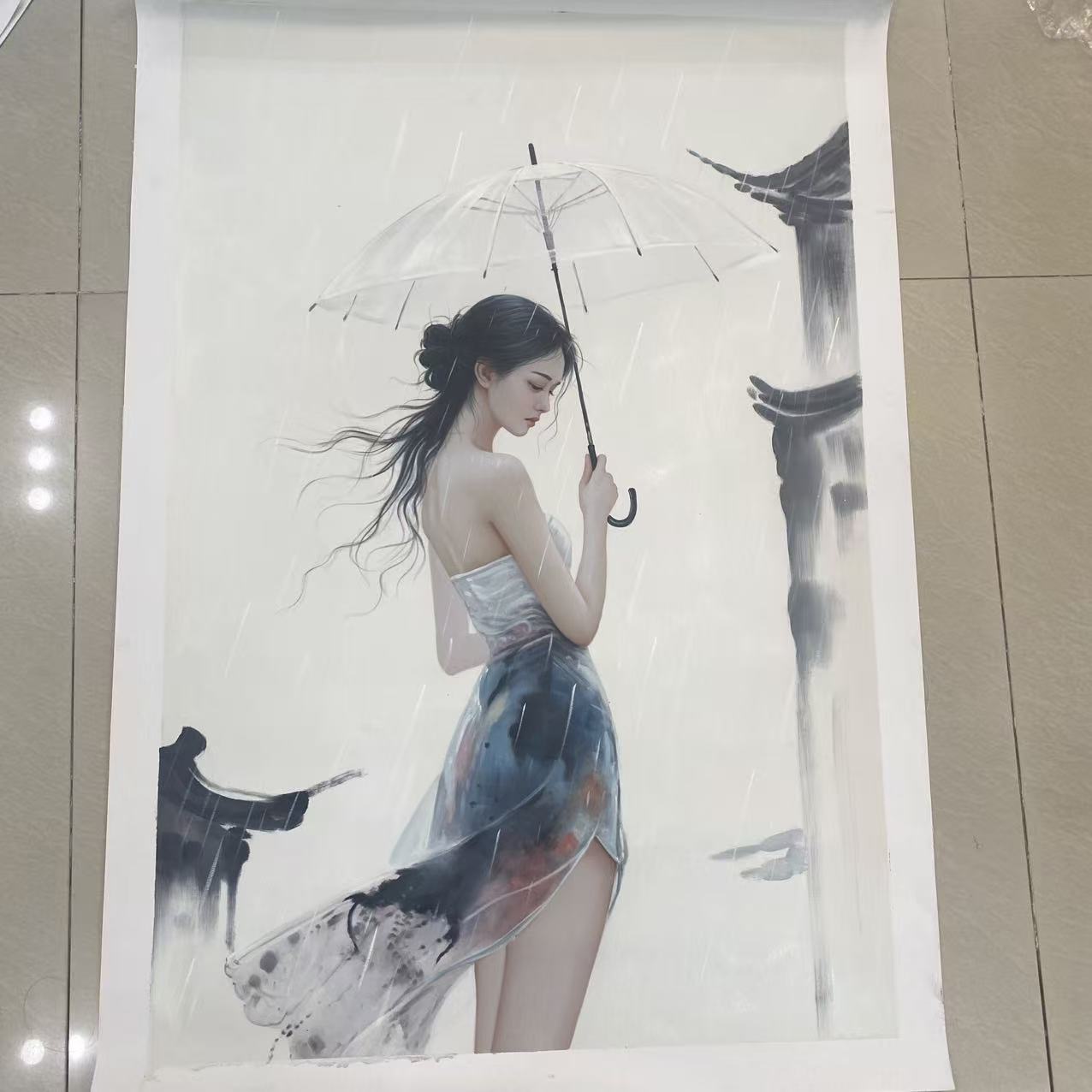 林彦新***水墨画-伞-约60*90厘米-手绘油画-麻布