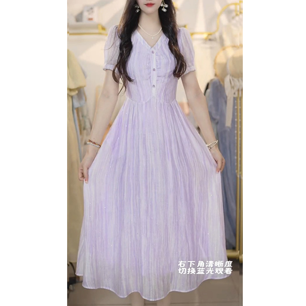 L5369新款2025夏法式甜美气质连衣裙褶皱收腰设计温柔淑女连衣裙