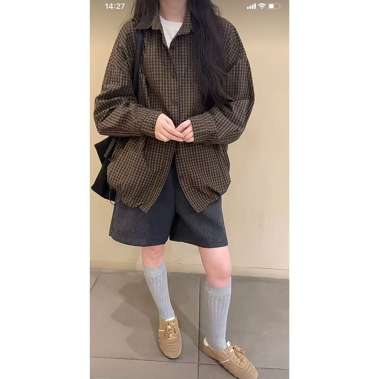 【格子POLO领衬衫】欧尼家新品韩版格子POLO领衬衫