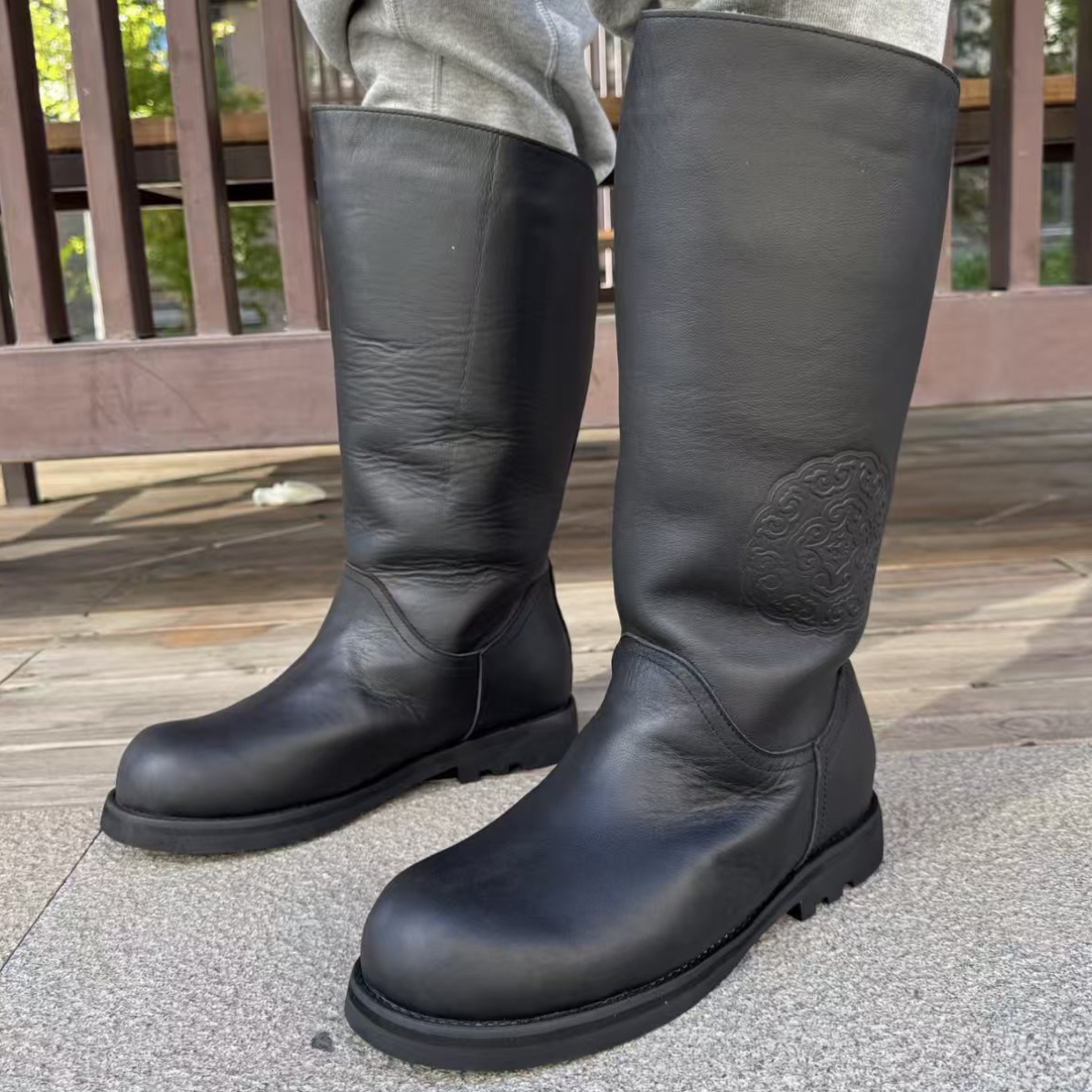 冬季纯皮蒙古靴男士高筒羊毛里雪地靴防滑毡子底保暖靴一脚蹬马靴