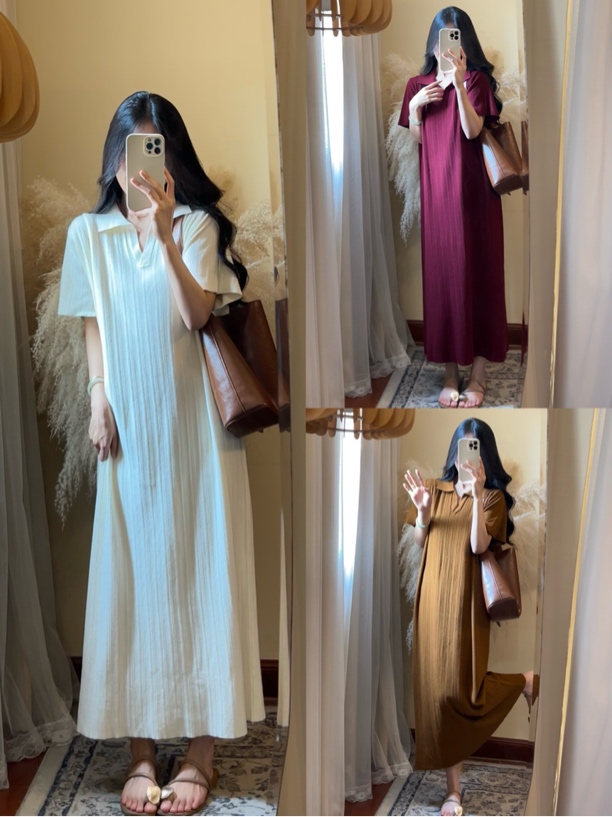 【ROUROU】麦穗黄昏｜新款文艺风Polo翻领领宽松肌理针织短袖连衣裙