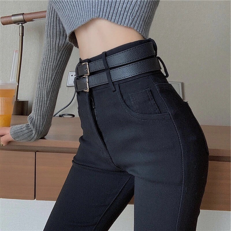 黑色小脚铅笔裤子潮秋季新款高腰显瘦紧身弹力双腰头牛仔九分裤女