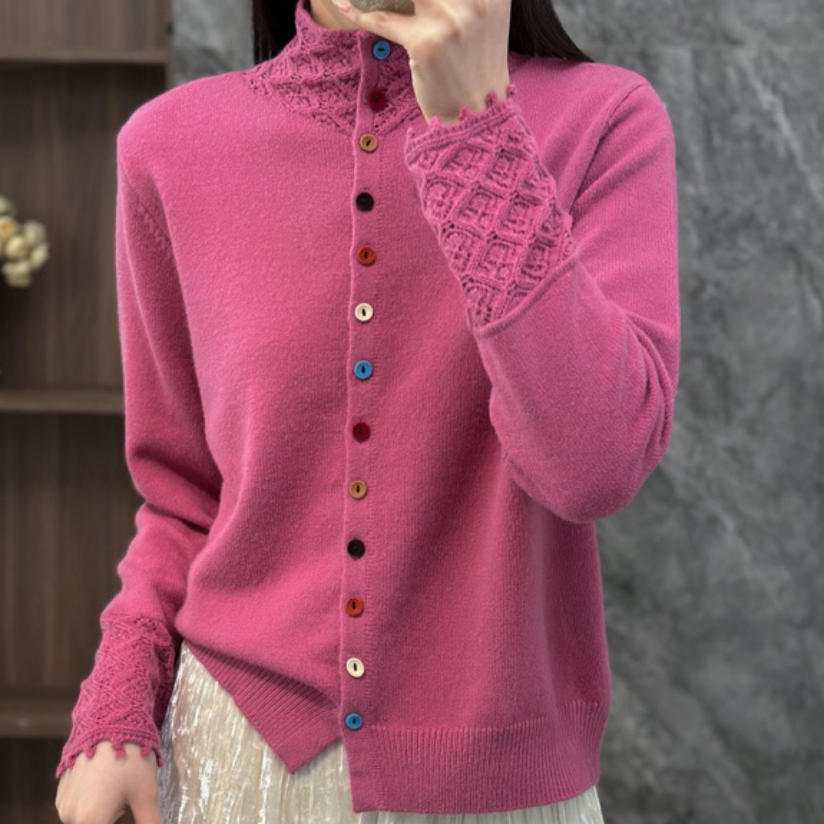 秋冬立领单排扣开衫毛衣女时尚气质针织衫勾花花边袖外套上衣