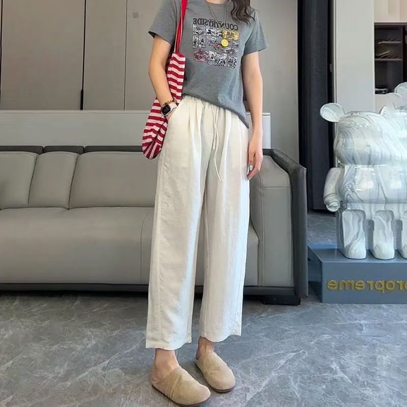 [现货+运费险]冰感莱赛尔亚麻阔腿女夏新款休闲小个子八九分直筒