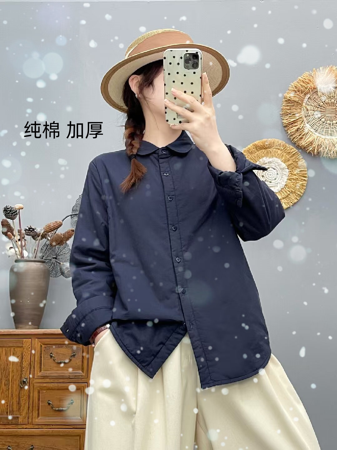 ［纯绵  夹棉衬衫］冬季女士长袖衬衫圆领纯色宽松加厚可外穿女上衣