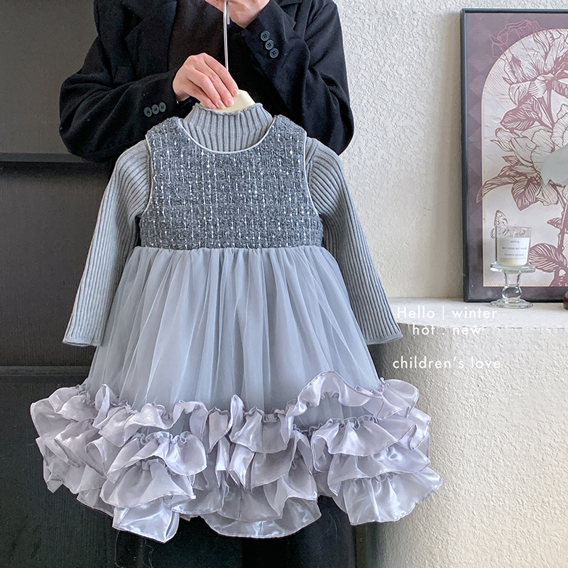 【本妈】25秋冬"冰岛云雾"女童针织上衣+无袖加绒网纱连衣裙X2562