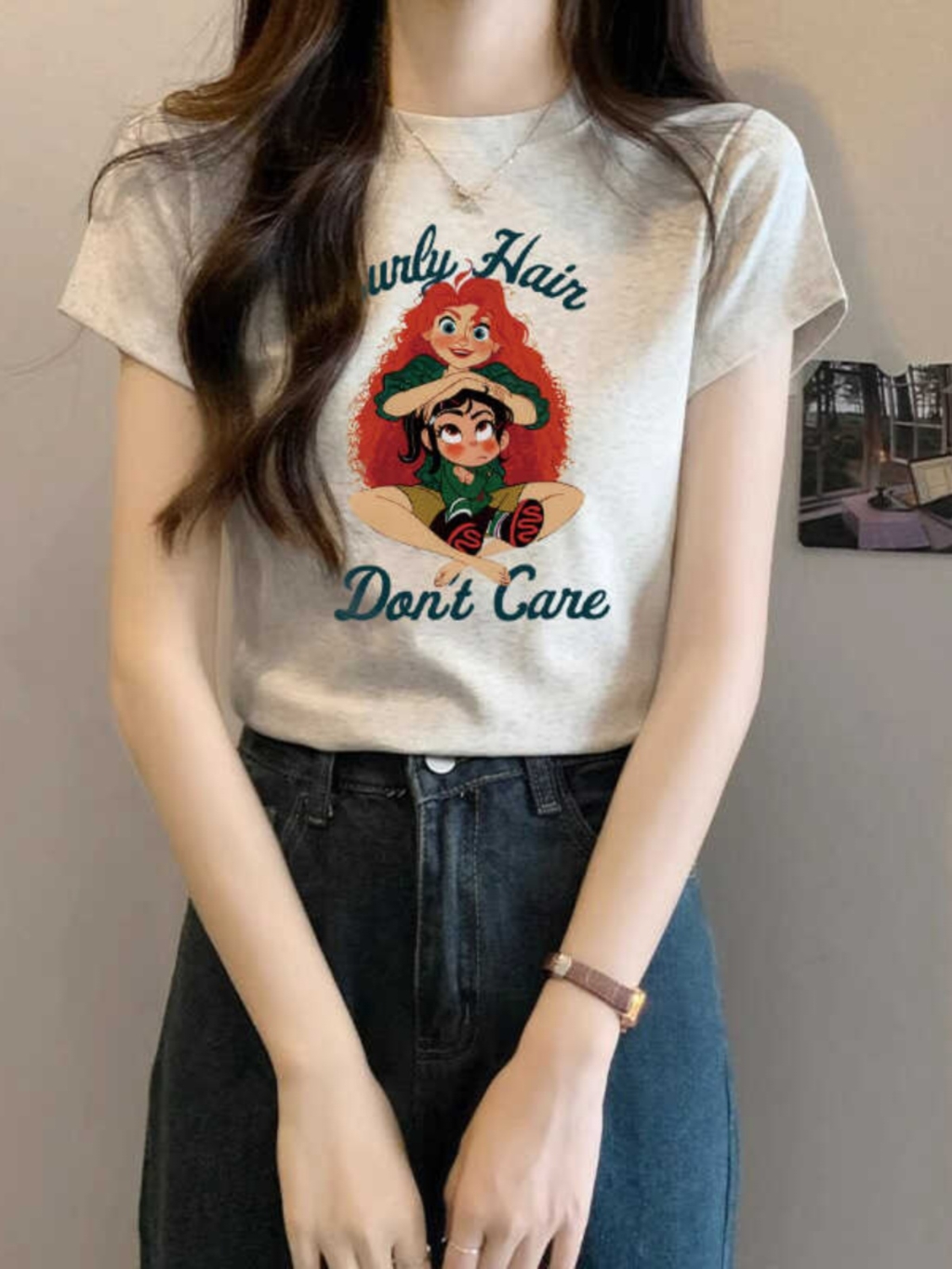 美式复古正肩圆领短袖t恤女夏季设计感甜辣修身显瘦卡通印花上衣
