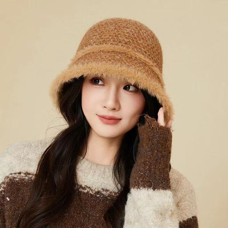 毛边渔夫帽秋冬后开叉蝴蝶结水桶帽子针织护耳保暖盆帽