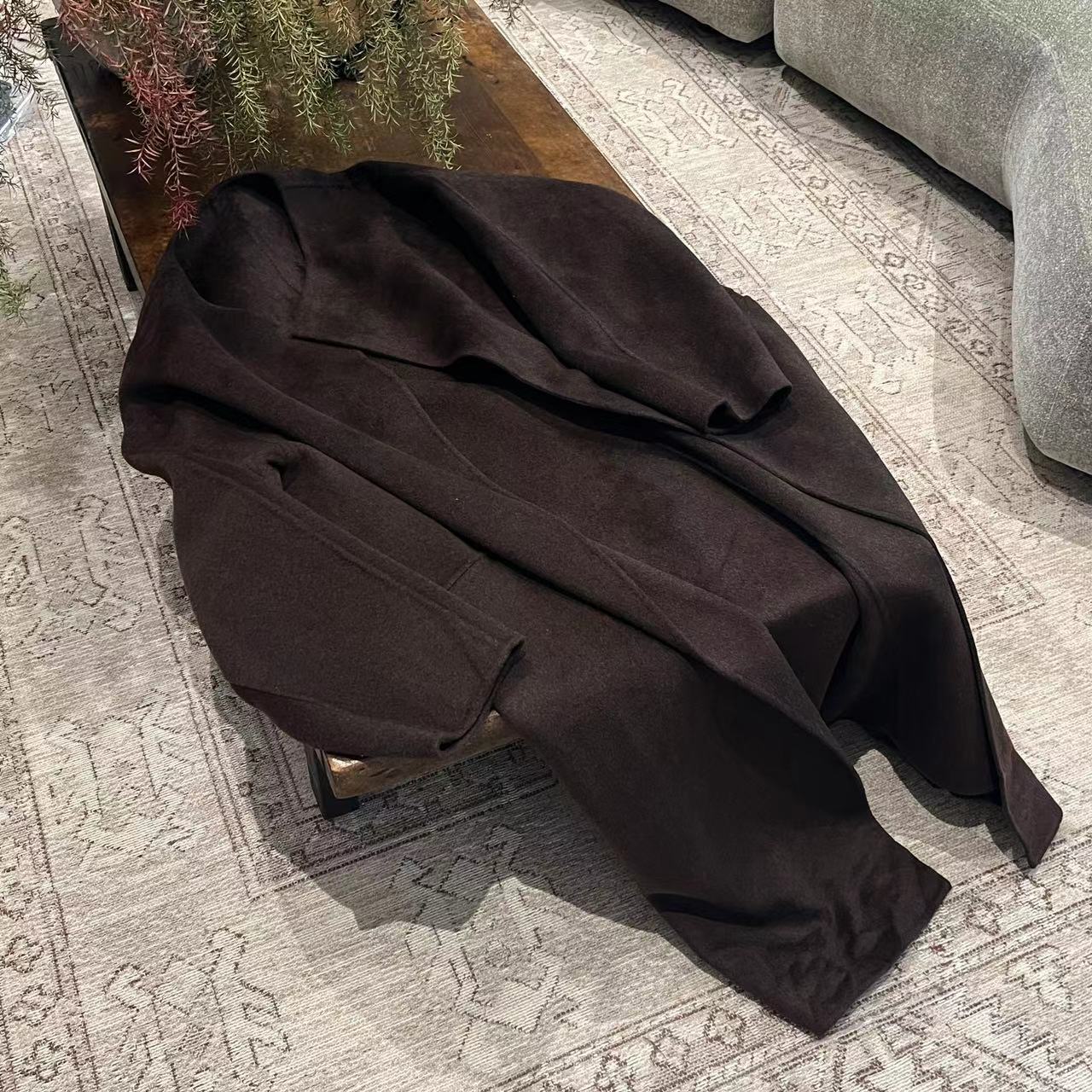 MYL 2024秋季新品90羊毛混纺咖色双面呢外套圆领长袖长款上衣