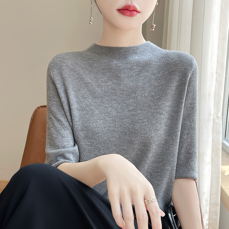 品牌时尚女装夏季宽松显瘦纯色针织衫女半袖薄款半高领中袖空调衫