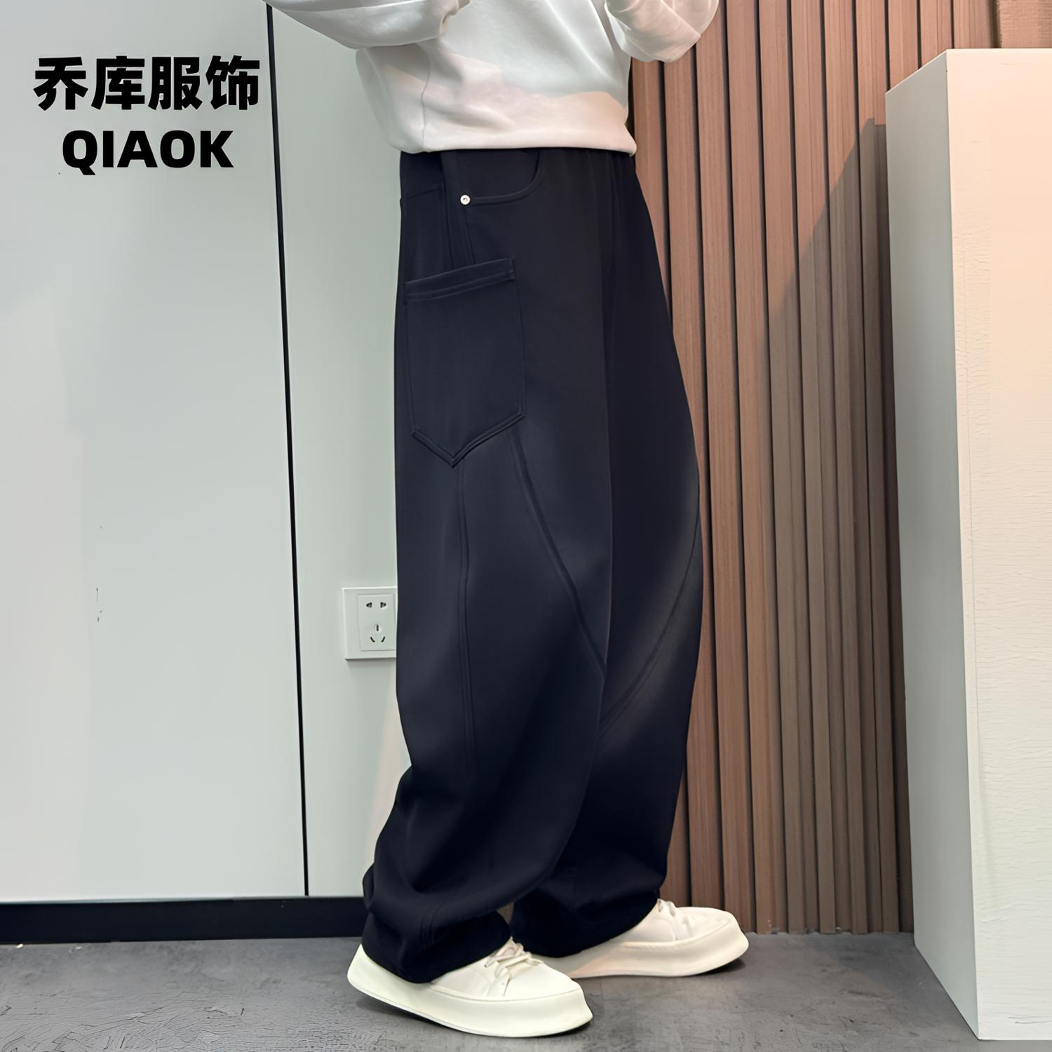 秋季新款个性时尚加绒加厚男士弯刀裤休闲裤宽松长裤大码卫裤潮