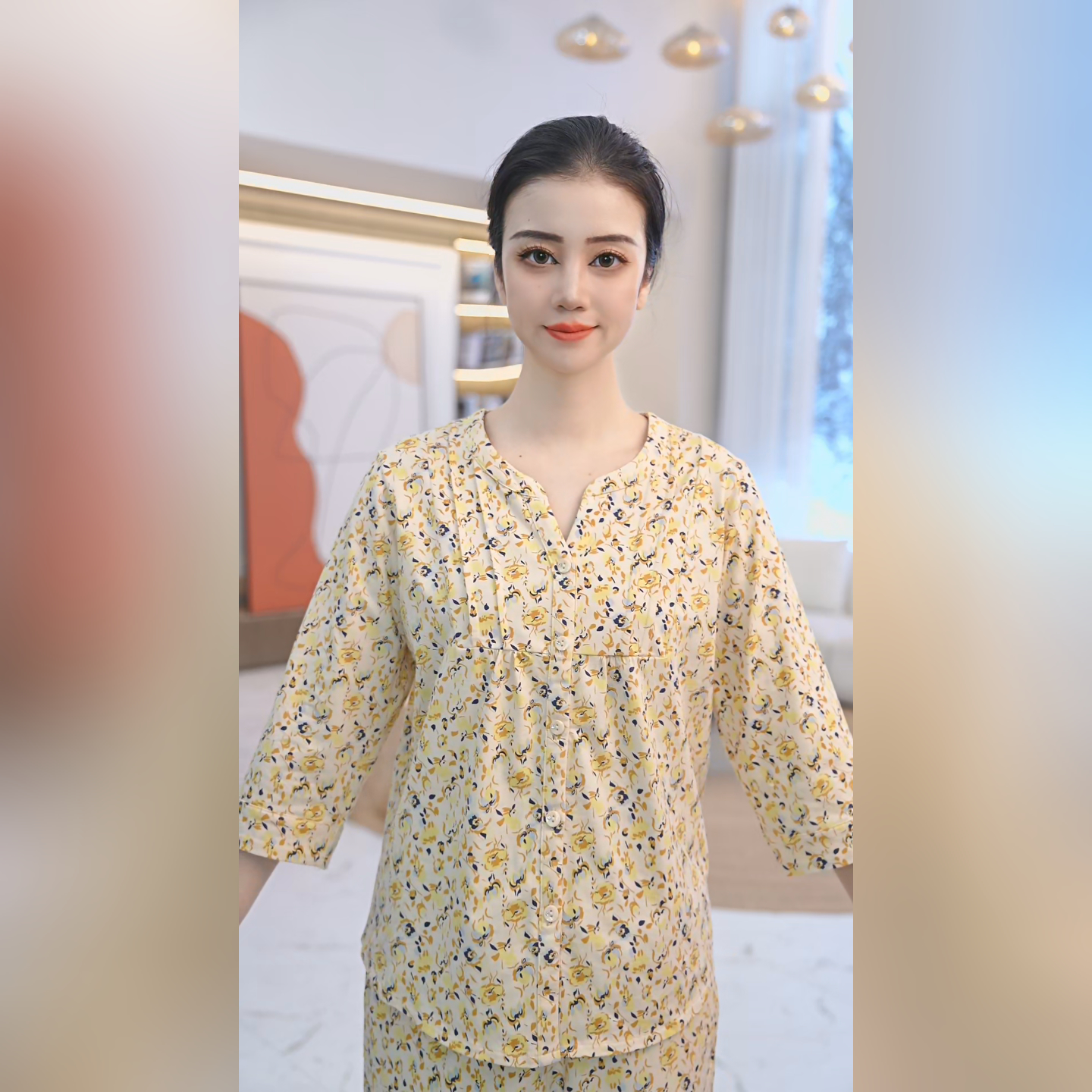 秋鹿丝滑棉抗菌碎花印花圆领七分袖九分裤女套透气睡衣春秋女