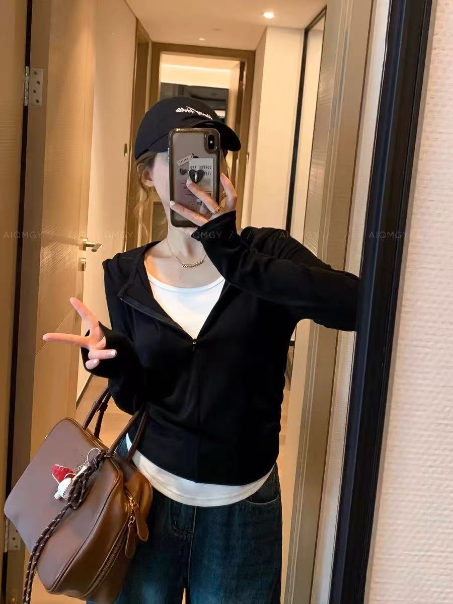 早春新款重工设计感圆弧边连帽宽松显瘦减龄百搭帽衫上衣6228-M