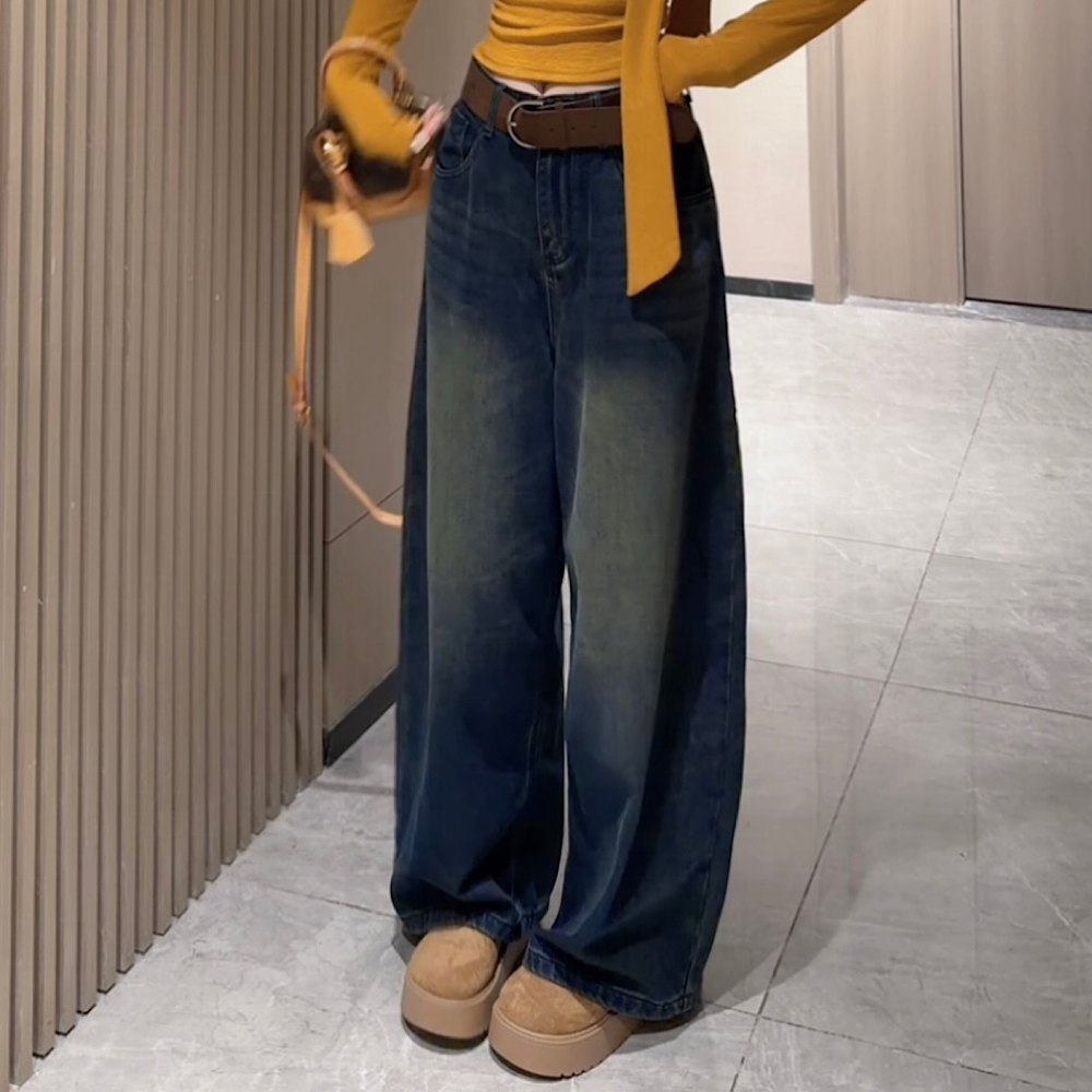 【钻石店铺优选】秋冬新款时尚百搭韩系高腰水洗复古加绒牛仔阔腿裤