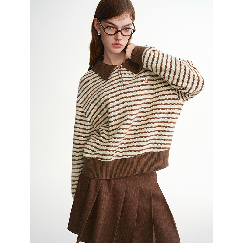 独束大码女装【太妃糖毛衣】翻领撞色条纹针织微胖MM针织25DS84441