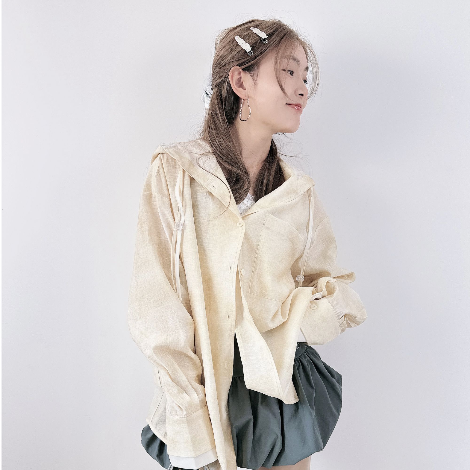 设计感小众2025新款韩版长袖衬衫女连帽宽松休闲薄款防晒衣外套女