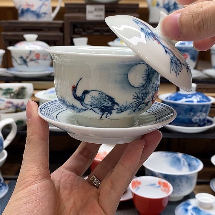 纯手绘松鹤延年160cc盖碗釉下彩微瑕福利款