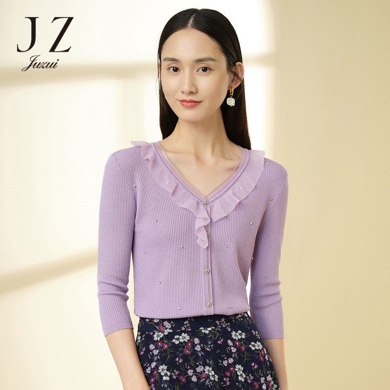 【籽言专属】JZ玖姿-JWCC31110网纱针织衫女钉钻小衫v领时尚